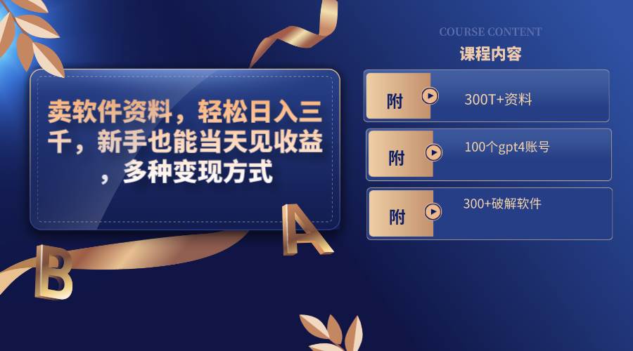 卖软件资料,轻松日入三千,新手也能当天见收益,多种变现方式,(附300T+资料,100个gpt4账号,300+破解软件)