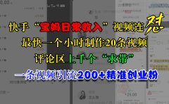 快手“宝妈日常收入”视频连怼，最快一个小时制作20条视频，评论区上千个“求带”，一条视频引流200+精准创业粉
