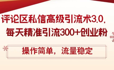 评论区私信高级引流术3.0，每天精准引流300+创业粉，操作简单，流量稳定