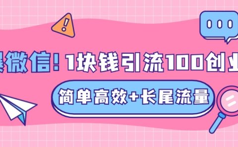 低成本高回报，1块钱引流100个精准创业粉，简单高效+长尾流量，单人单日引流500+创业粉，加爆你的微信