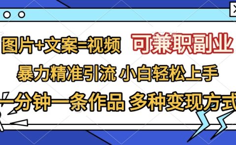 图片+文案=视频，可兼职副业，精准暴力引流，一分钟一条作品，小白轻松上手，多种变现方式