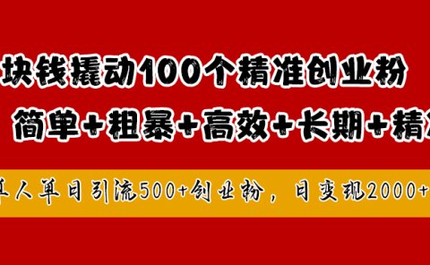 1块钱撬动100个精准创业粉，简单粗暴高效长期精准，单人单日引流500+创业粉，日变现2000+