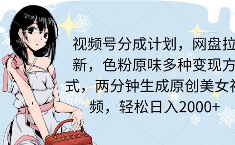 视频号分成计划,网盘拉新,色粉原味多种变现方式,两分钟生成原创美女...