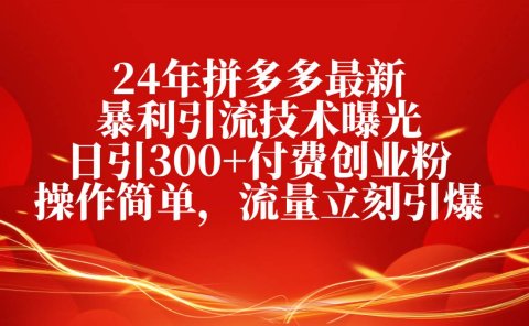 24年拼多多最新暴利引流技术曝光，日引300+付费创业粉，操作简单，流量...
