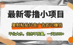最新零撸小项目,复制粘贴抖音广告即可赚钱,平台大水,任务不限量,一天1000+
