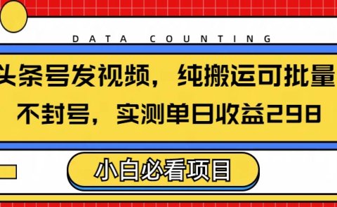 头条发视频,纯搬运可批量,不封号玩法实测单日收益单号298