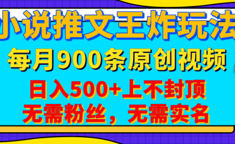 小说推文王炸玩法,一键代发,每月最多领900条原创视频,播放量收益日入500+上不封顶,无需粉丝,无需实名