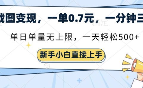 截图变现,一单0.7元,一分钟三单,单日无上限,一天轻松500+