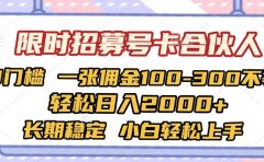 限时招募号卡合伙人 0门槛 一张佣金100-300不等 轻松日入2000+ 长期稳定 小白轻松上手