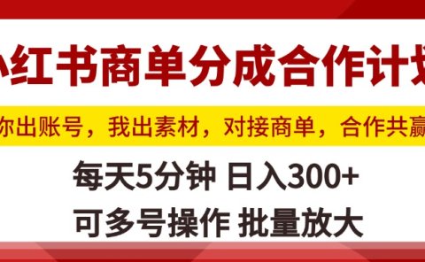 小红书商单分成合作计划,你出账号,我出素材,对接商单,合作共赢,单号日入300+,可批量放大