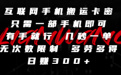 互联网手机搬运卡密,只需一部手机即可,有手就行,几秒一单,无次数限制,多劳多得,日赚300+