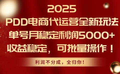 2025 PDD电商代运营全新玩法,单号月稳定利润5000+,收益稳定,可批量操作!