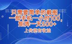 只需要简单的截图,上传就能有收益,一部手机不限地方不限时间,一小时100,矩阵放大一天500+