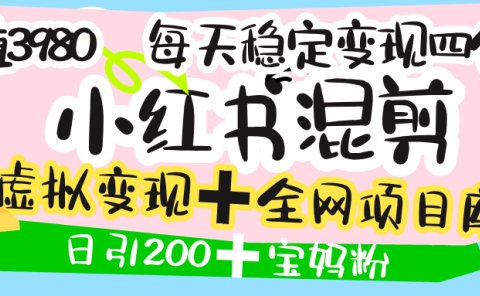 价值3980的小红书混剪, 虚拟变现 +全网项目库 , 日引200+宝妈创业粉,每天稳定四位数变现