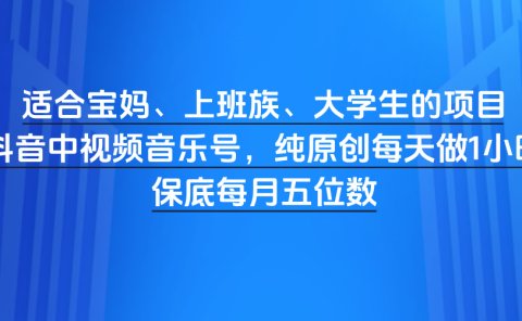 适合宝妈、上班族、大学生的项目,抖音中视频音乐号,纯原创每天做1小时,保底每月五位数