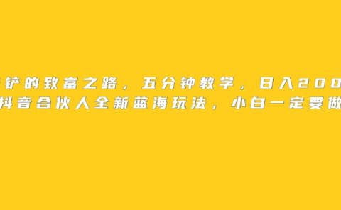 王铲铲的致富之路,日入2000+收益,五分钟教学,抖音合伙人全新蓝海玩法,小白一定要做的项目