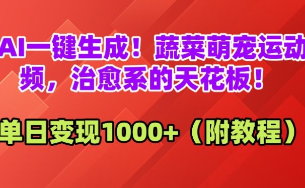 AI一键生成！蔬菜萌宠运动视频，治愈系的天花板！单日变现1000+（附教程）