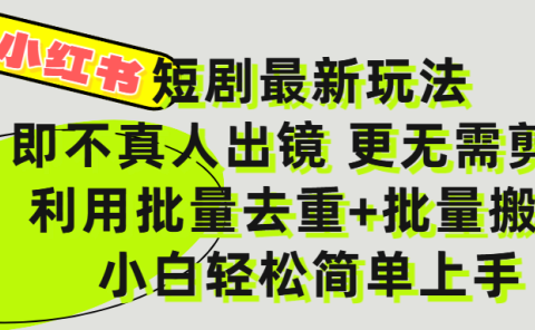 小红书短剧最新玩法,轻松日入3000+,既不真人出镜,更不用剪辑,全程搬运,傻瓜式操作,私域零成本批量操作
