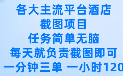 各大主流平台酒店截图项目,任务简单无脑,每天就负责截图即可,一分钟三单 ,一小时可以做120