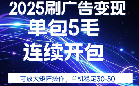 2025年零撸广告变现,单广5毛,可矩阵放大操作,单机稳定30-50