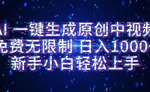 AI一键生成原创中视频，小白轻松上手，免费无限制，单账号日收益1000+