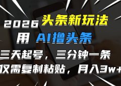 2026最新头条玩法，用AI撸头条，3天必起号，3分钟1条，只需要复制粘贴，简单月入3W+